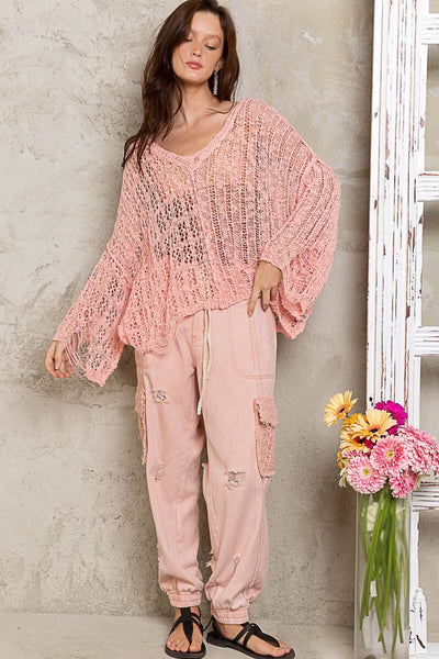 LIGHT PINK DISTRESSED CROCHET SWEATER Sweater FashionWear Collection 