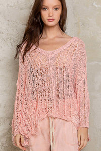LIGHT PINK DISTRESSED CROCHET SWEATER Sweater FashionWear Collection S Coral Pink 