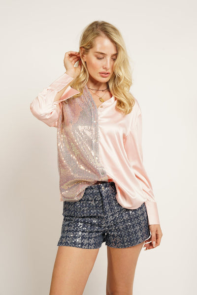 LIGHT PINK SATIN SEQUIN PANEL BLOUSE Blouse FashionWear Collection 