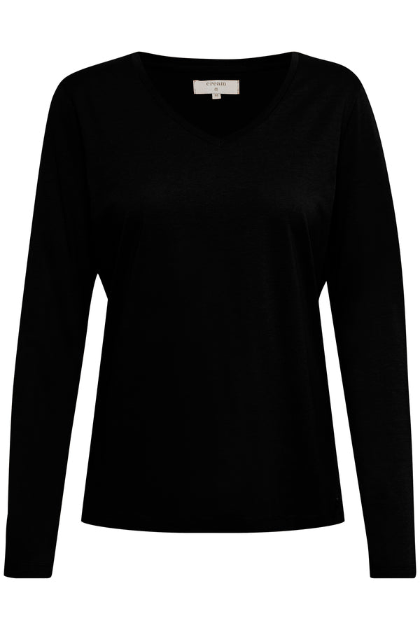 BLACK LONG SLEEVE V NECK T SHIRT Shirts & Tops CREAM S Pitch Black 