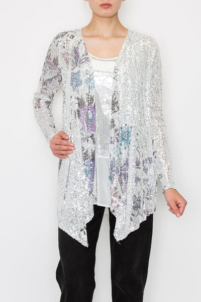 LONG SLEEVE SEQUIN PRINTED CARDIGAN Cardigan FashionWear Collection S Silver 