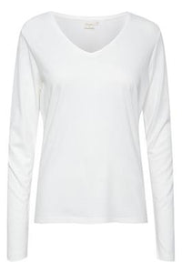 WHITE LONG SLEEVE V NECK T SHIRT Shirts & Tops CREAM S Snow White 