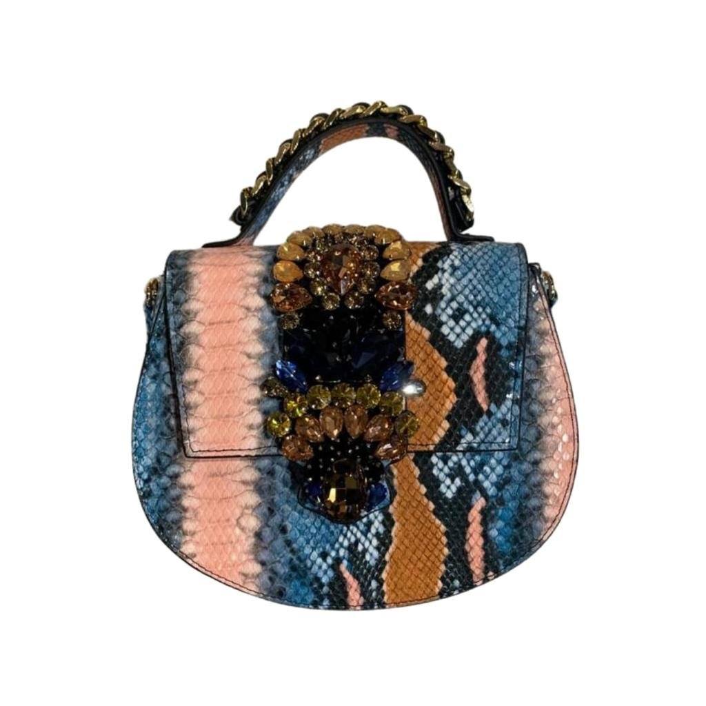 PASTEL SERPENT EMBELLISHED HANDBAG Handbag Inzi Denim Blue/Pink 