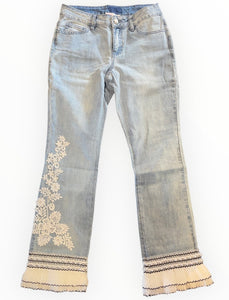 PEARL LACE EMBROIDERED PLEATED FLARE JEANS Jeans FashionWear Collection 0 Light Blue 