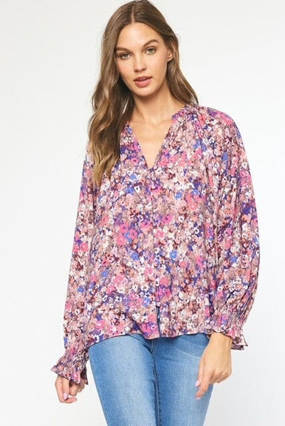 RUFFLED CUFF BABY BUTTON FLORAL PRINT BLOUSE Blouse FashionWear Collection S Multi 