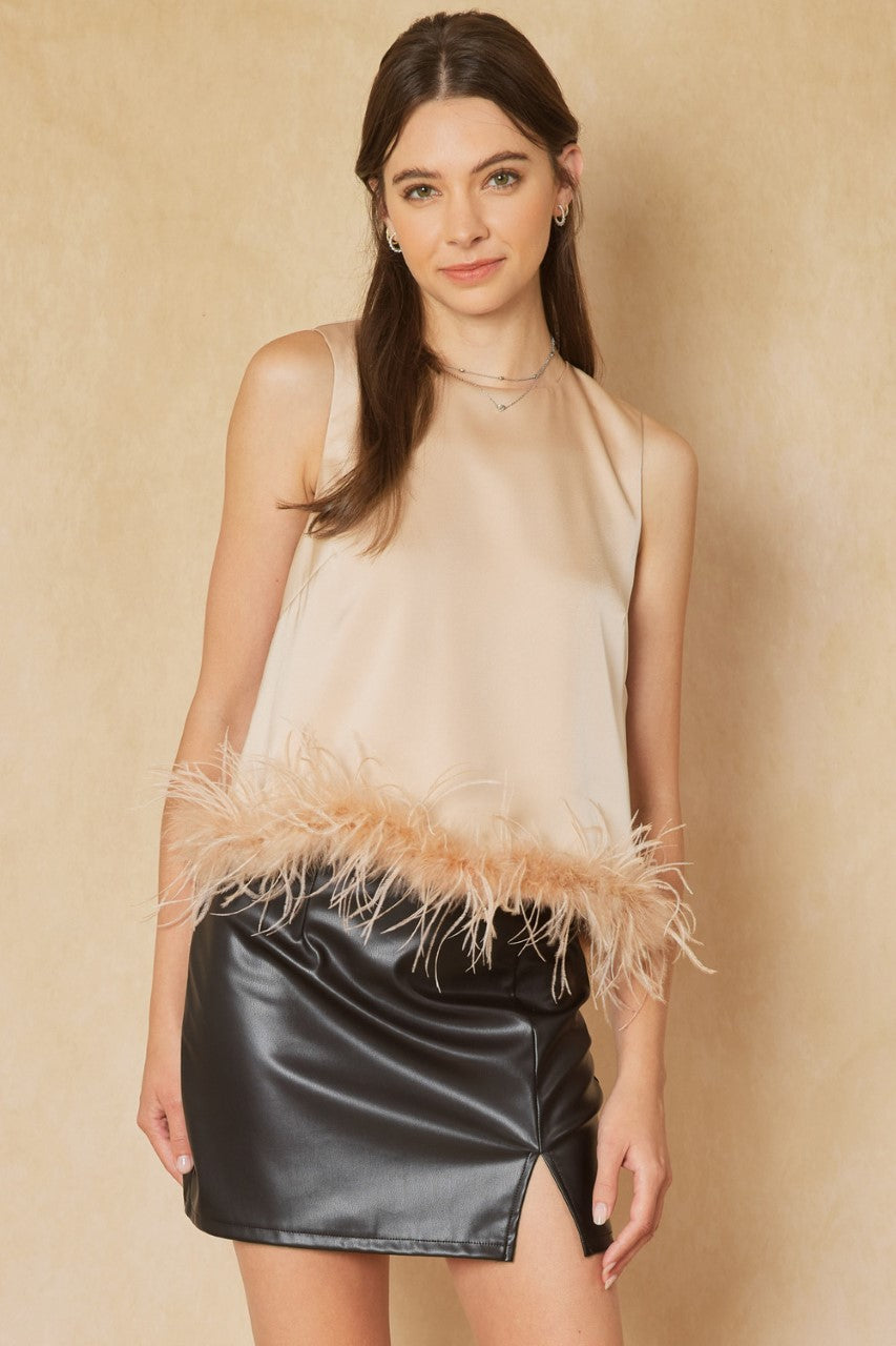 SATIN FEATHERED CHAMPAGNE TANK Shirts & Tops FashionWear Collection S Champagne 