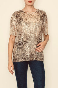 SHORT SLEEVE SEQUIN PRINTED TOP FashionWear Collection S Gold 