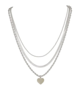 THREE STRAND WHITE HEART PENDANT SILVER NECKLACE Necklaces Merx Silver 