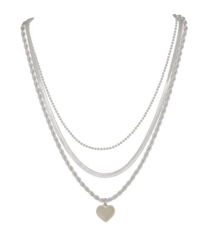 THREE STRAND WHITE HEART PENDANT SILVER NECKLACE Necklaces Merx Silver 